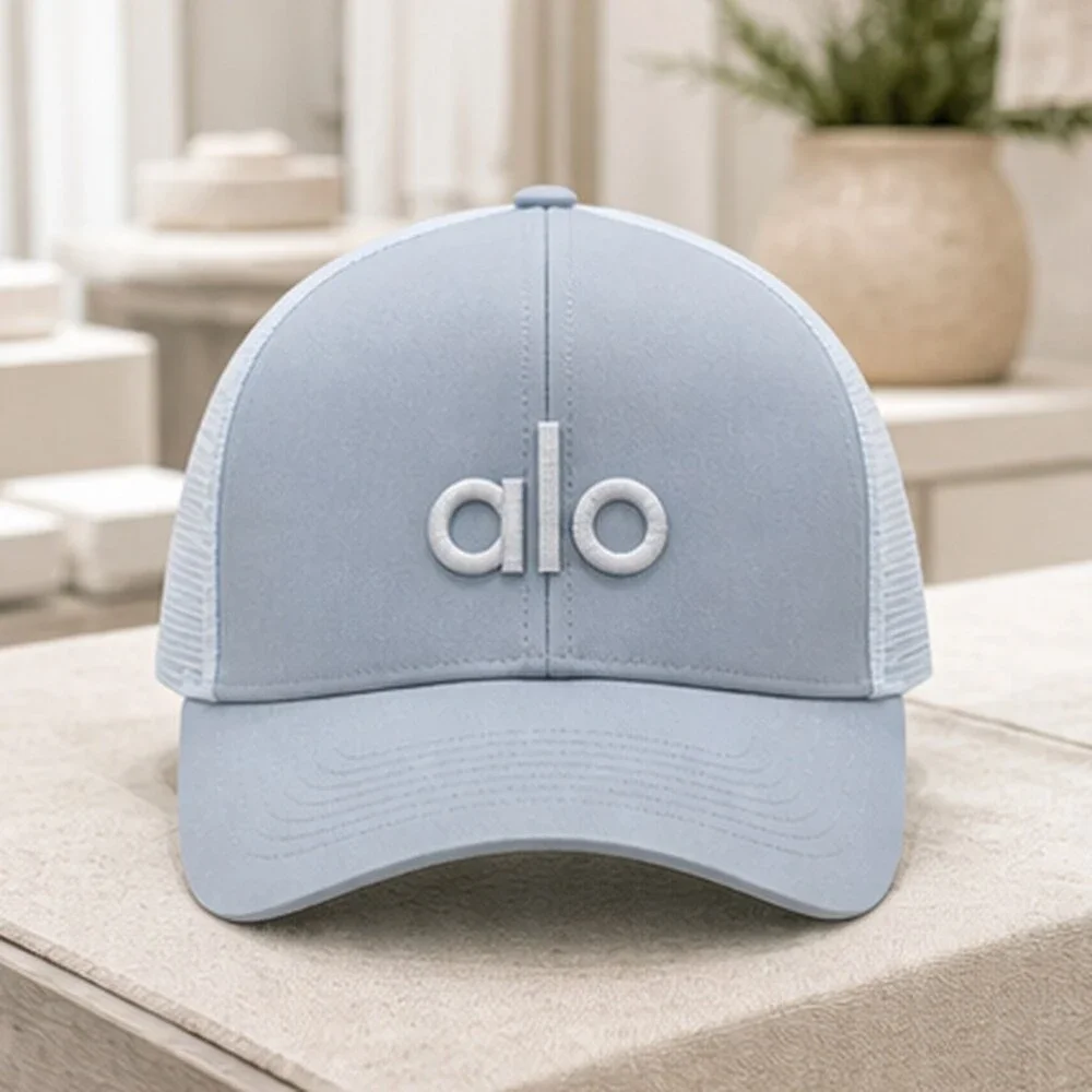ALO Yoga Mist Blue Gray Athleisure Mesh Trucker Cap Hat Logo